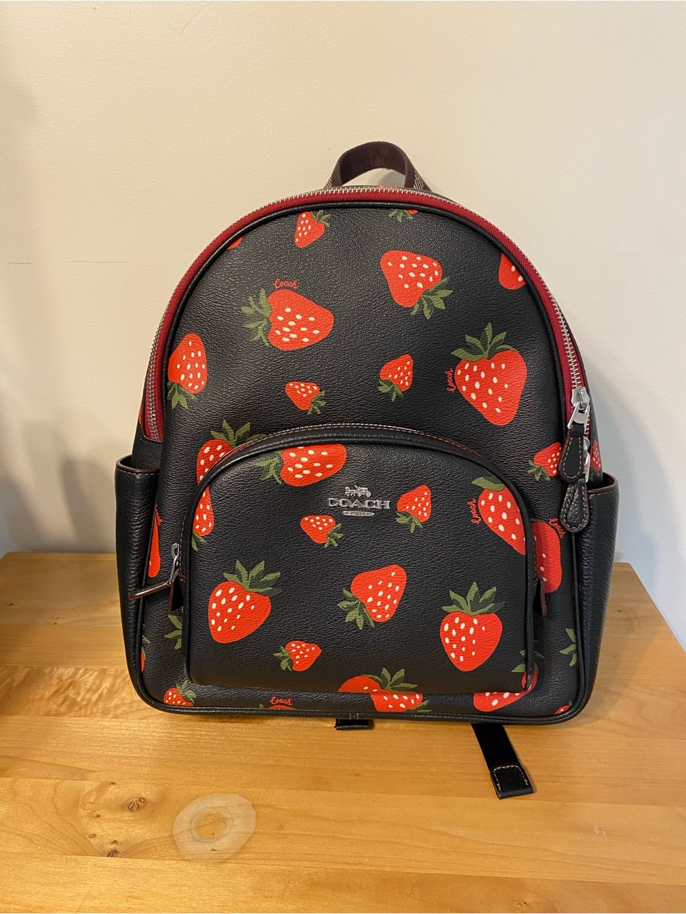 Coach Court Backpack With Wild Strawberry Print Black Multi W/ Key Tag
